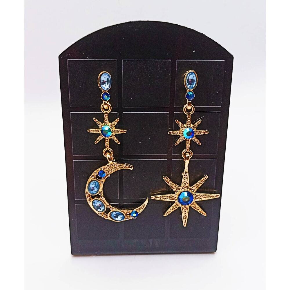 Gold Moon Star Dangle Earrings Blue Glass Celestial 2"